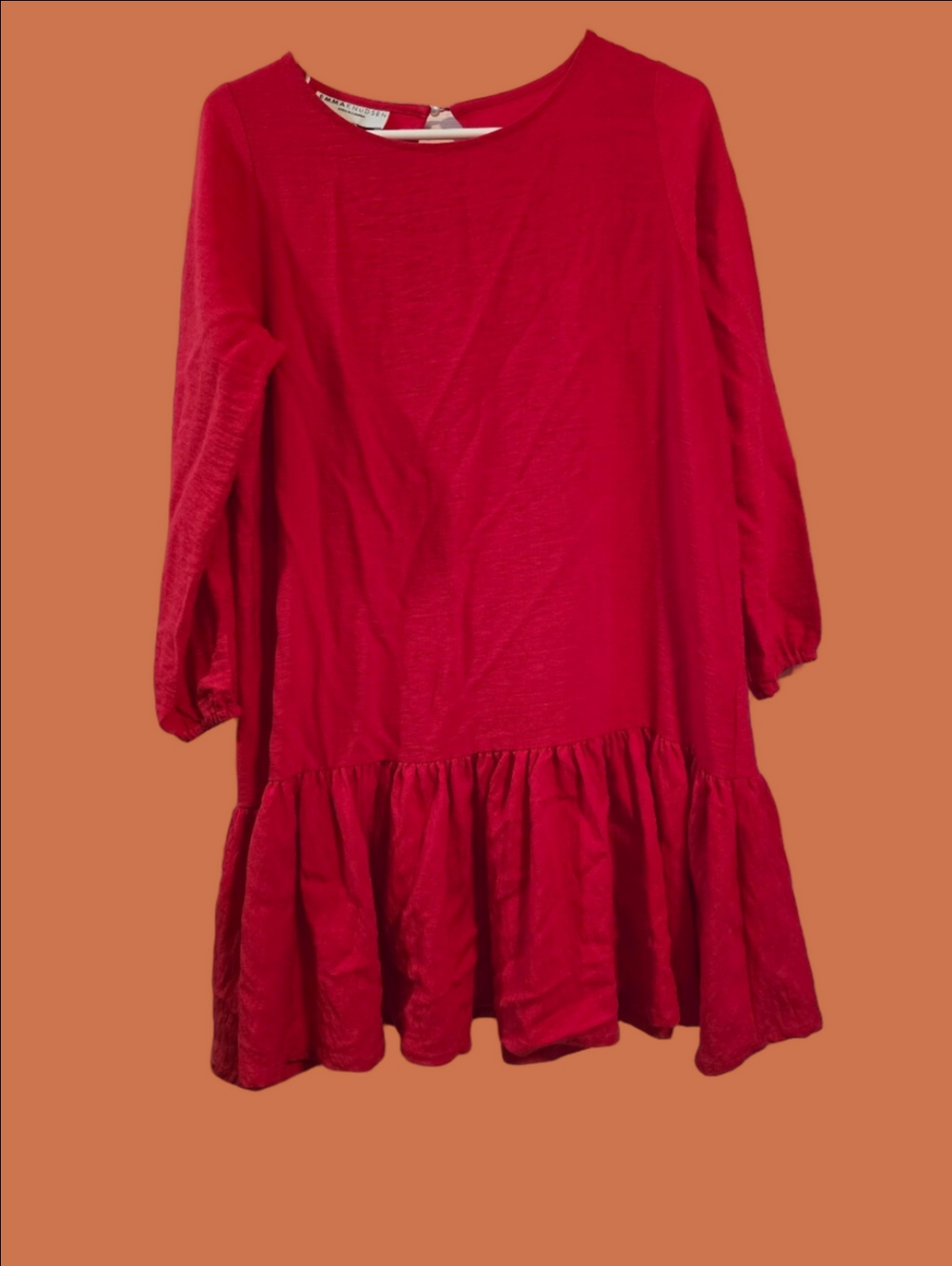 4/$97 Deal! Canadian Emma Knudsen Red Long-Sleeve Ruffle-Hem Mini Dress